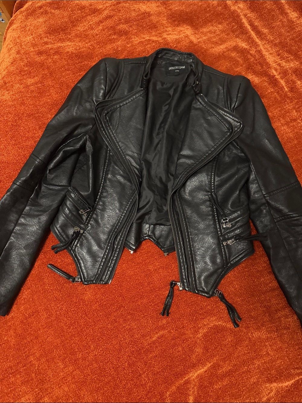 Black Faux Leather Biker Jacket with Asymmetric Zip | S | Has wear see photos